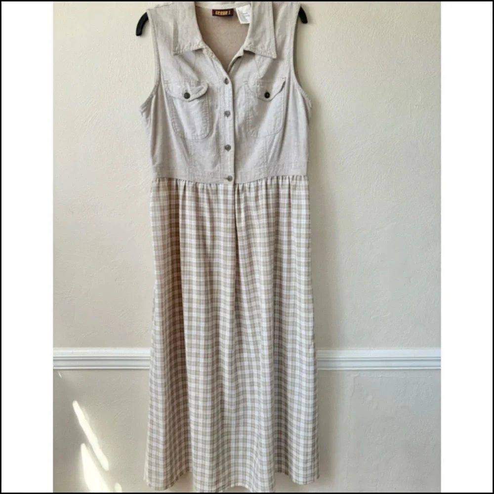 Vintage Faded Glory Sleeveless Tan Plaid Skirt Maxi Dress